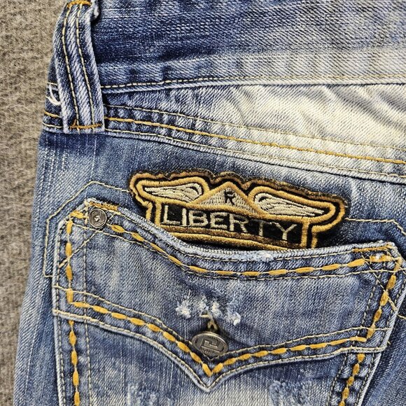 Black Premium Jeans Distressed Boot Indian Chief & Liberty Patches Mens 30x32 - Picture 10 of 15